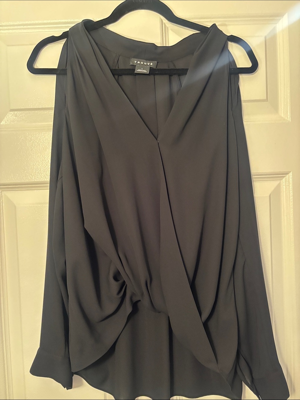 Trouve Black Draped V-Neck Blouse with Twist Front